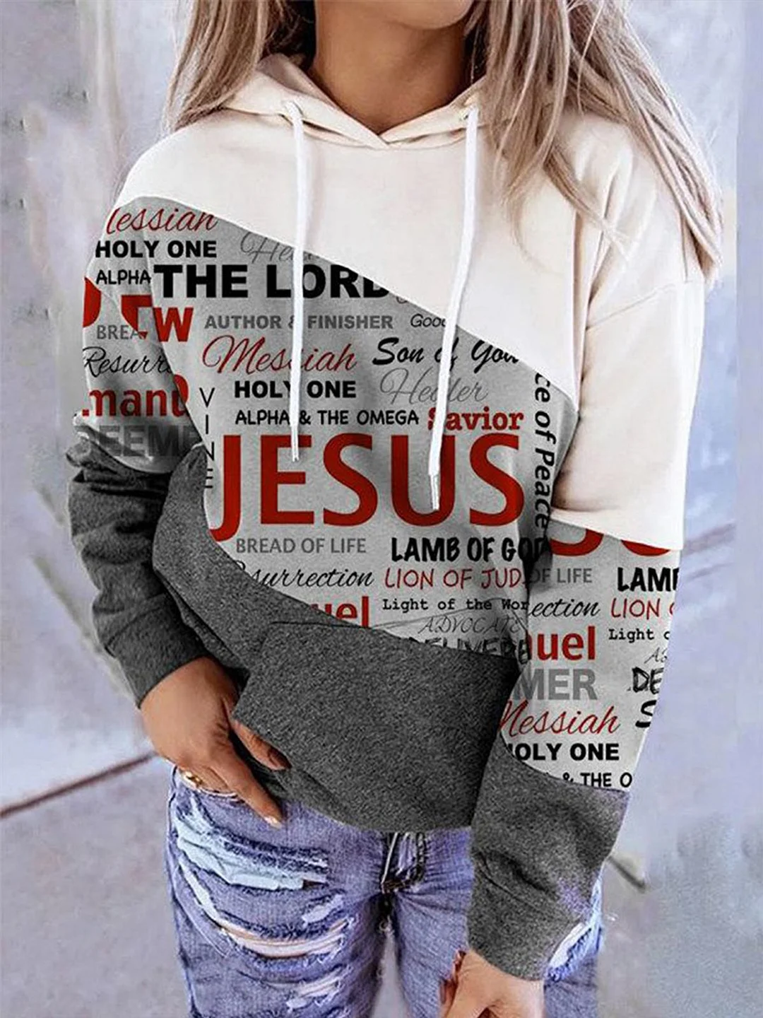 Women's Jesus Print Colorblock Casual Hoodie