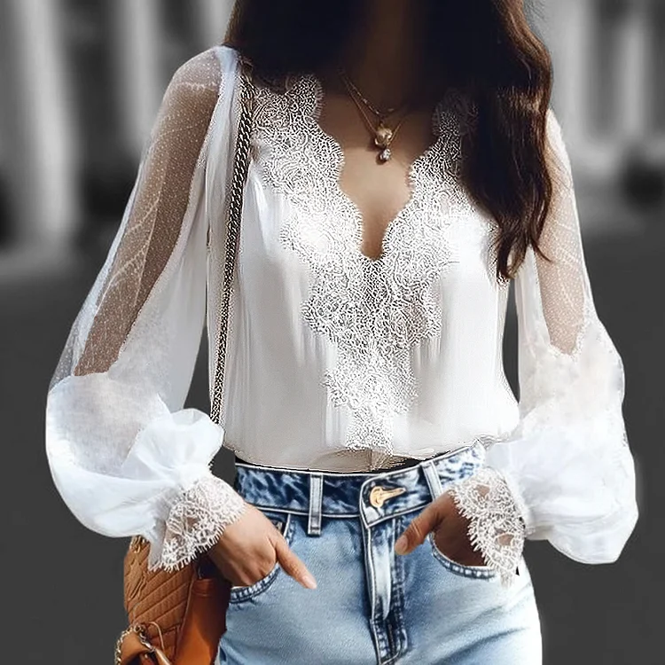 Ursime Lace Wavy V Neck Lantern Sleeve Blouse