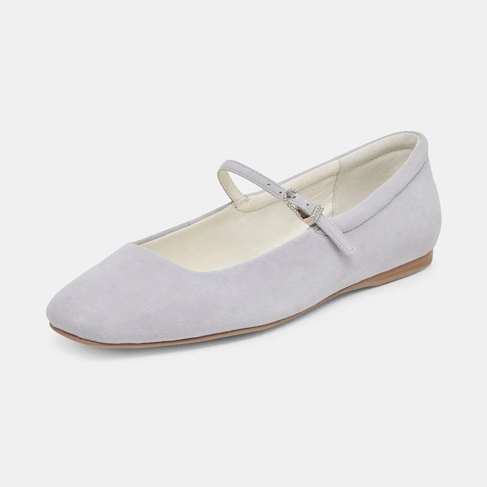 YDN Light Grey Vegan Suede Square Toe Simple Mary Jane Flats