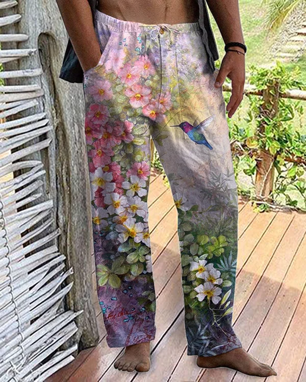 Men's Fashion Pastoral Floral Bird Casual Pants