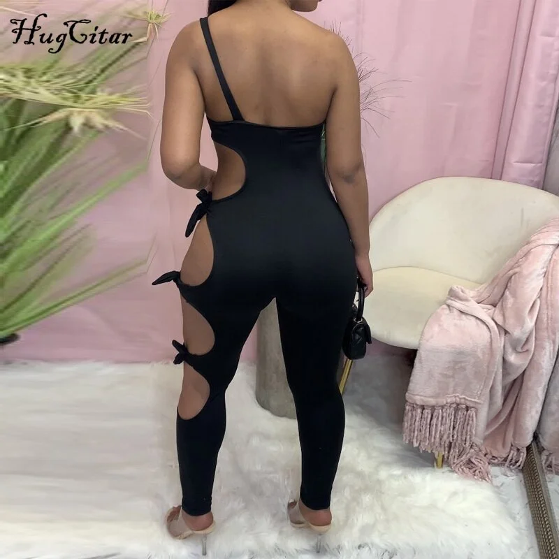 Hugcitar 2021 Sleeveless One-Shoulder Hollow Out Backless Bandage Sexy Jumpsuit Summer Women Streetwear Y2K Party Club Romper