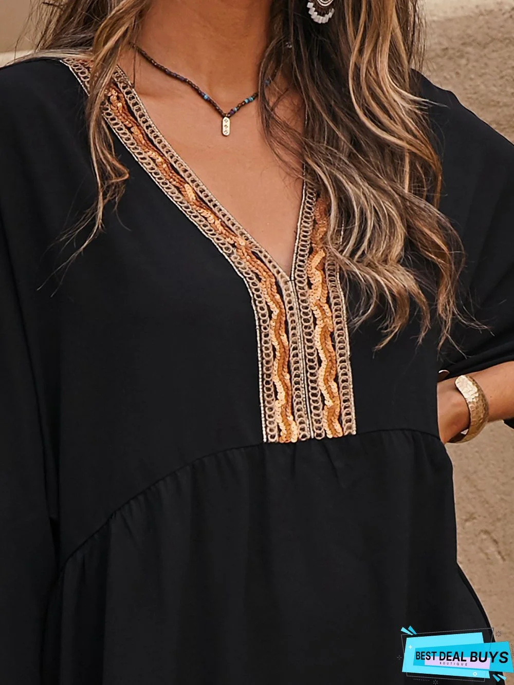 Appliqued Casual A-Line 3/4 Sleeve Weaving Dress