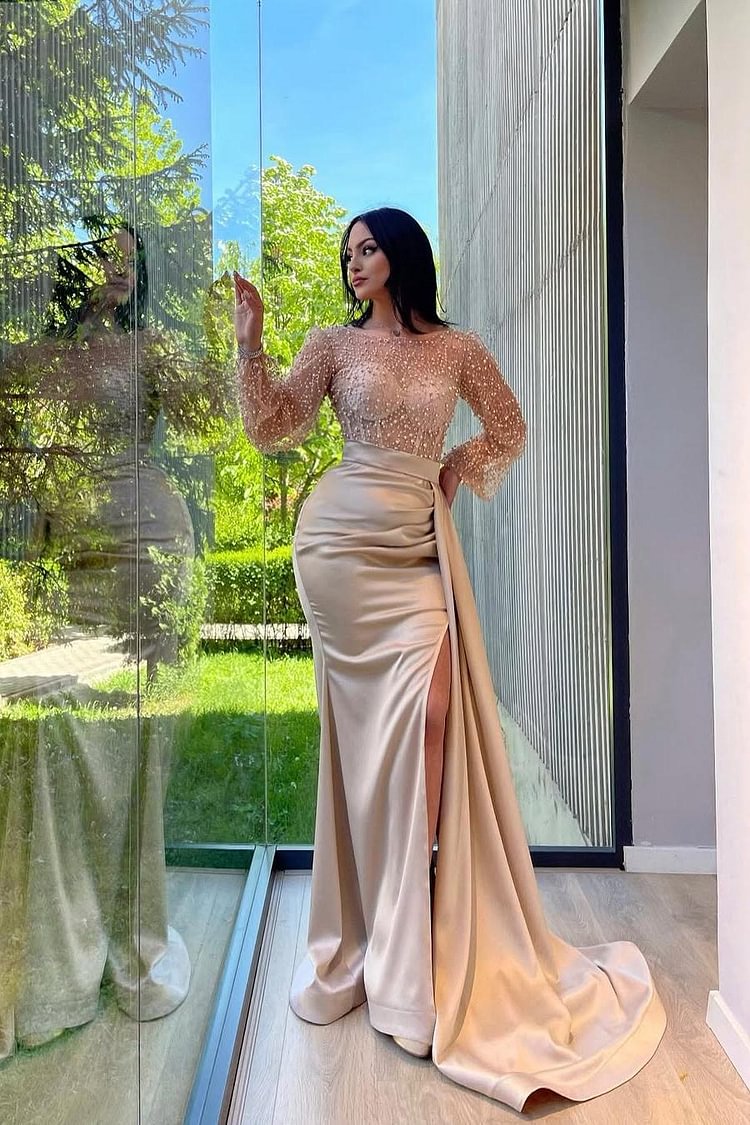 Jewel Neck Long Sleeves Mermaid Split Long Prom Dress With Beading XJ0613