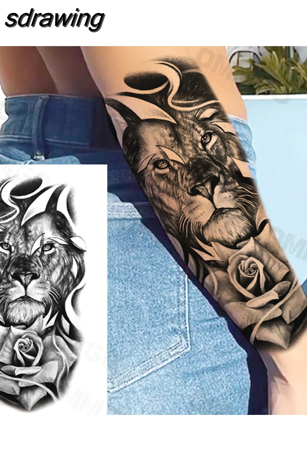 sdrawing Lion Rose Flower Temporary Tattoos For Women Adult Girl Compass Skull Fake Tattoo Arm Thigh Body Art Waterproof Tatoos