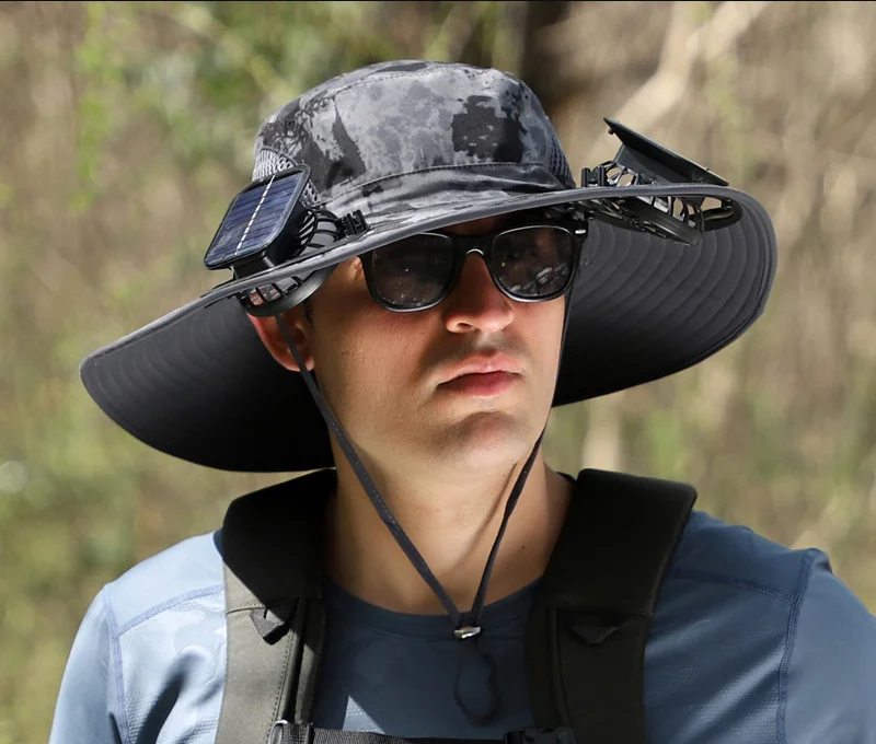 Wide Brim Solar Fan Outdoor Fishing Hat-Solar & USB Charging
