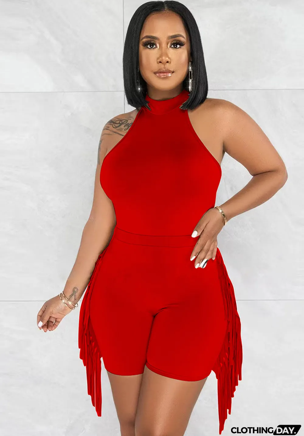 Women's fashion sports ofringed shorts two-piece set