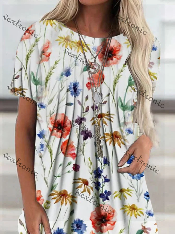 Women Half Sleeve V-neck Solid Color Dress