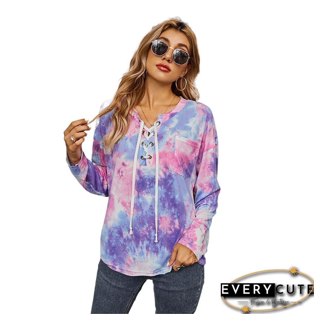 Purple Tie Dye Long Sleeve Top with Rope Drawstring