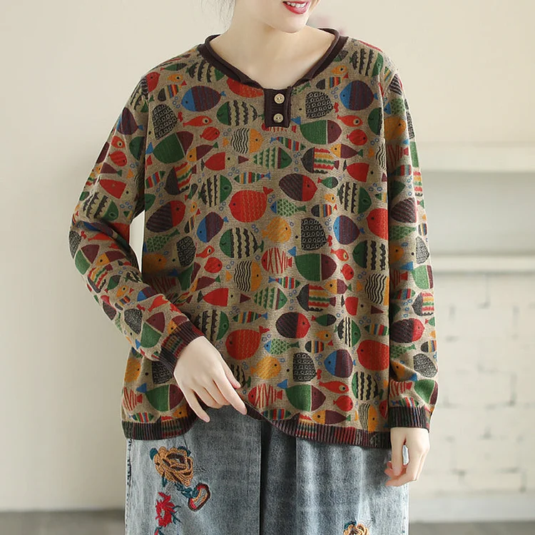 Plus Size Round Neck Fish Print Knitted T-Shirt