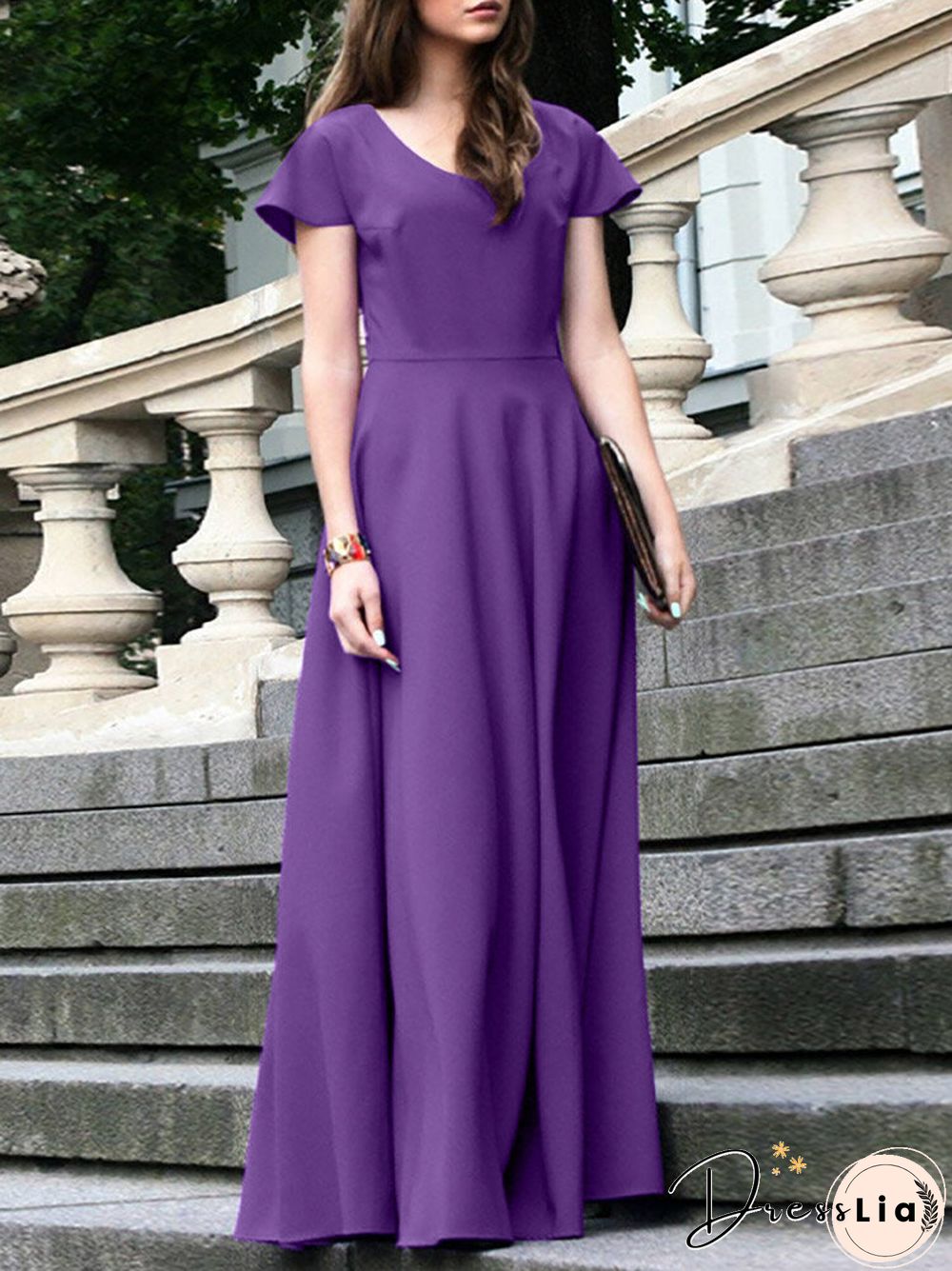 Women Solid Cap Sleeve V-neck Swing Maxi Dress