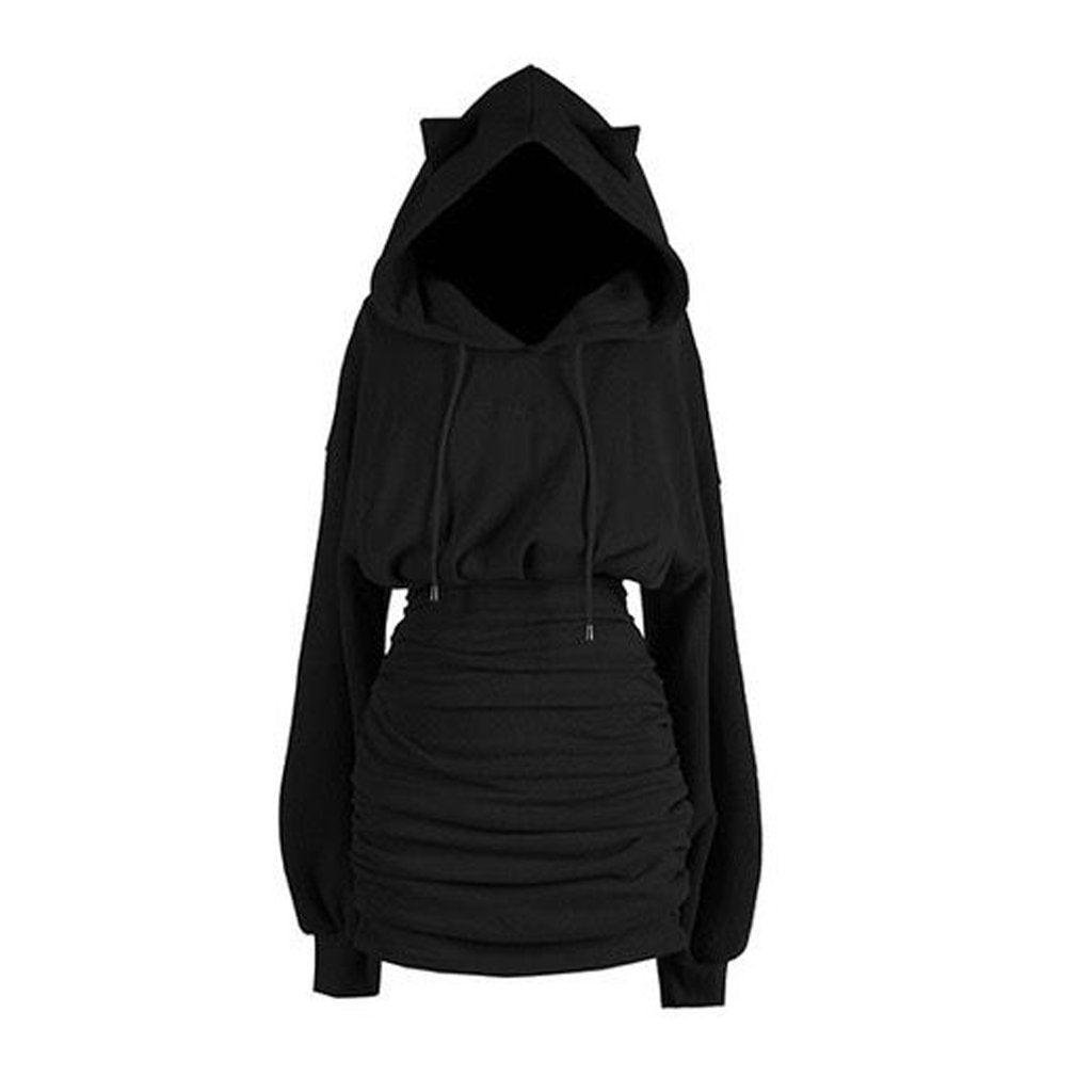 Fantasy Cat Embroidery Sheath Hoodie Dress
