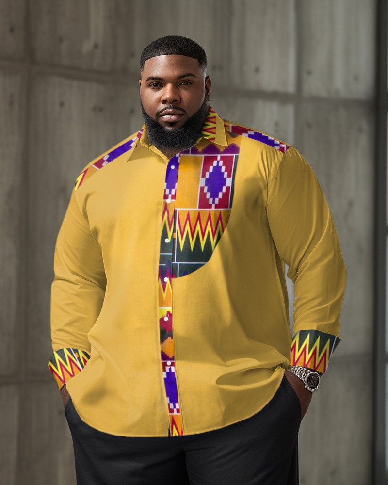 Men's Classic Casual Plus Size Yellow Color Block Rhombus Long Sleeve Lapel Shirt