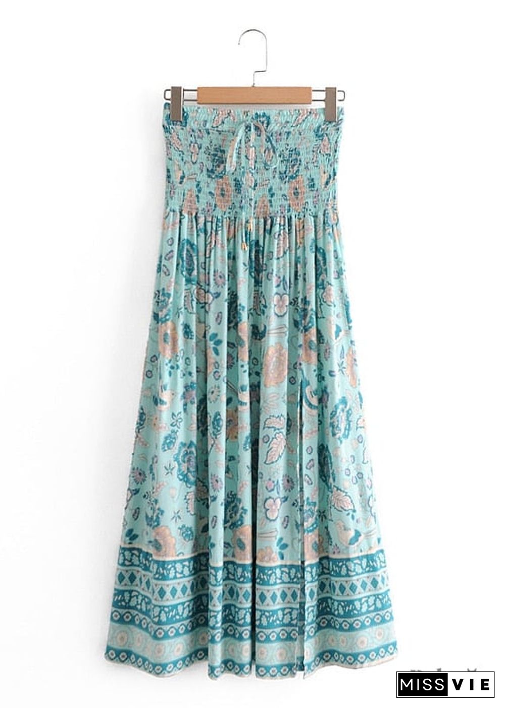 Boho Skirts in Smocked Waist, Bird Garden in Blue For Women