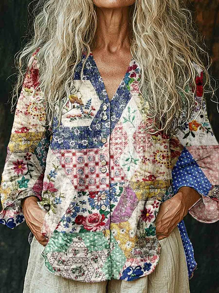 Women's Retro Geometric Floral Pattern Long Sleeve Comfortable Cotton And Linen Shirt