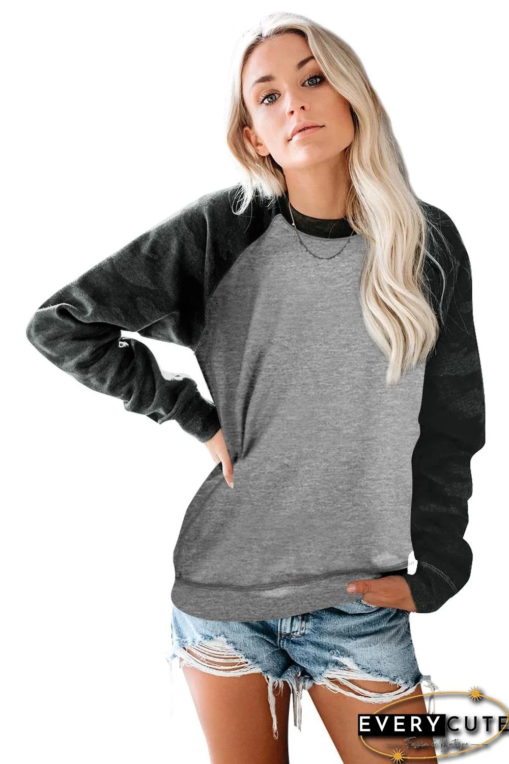 Gray Crewneck Camo Print Long Sleeve Sweatshirts