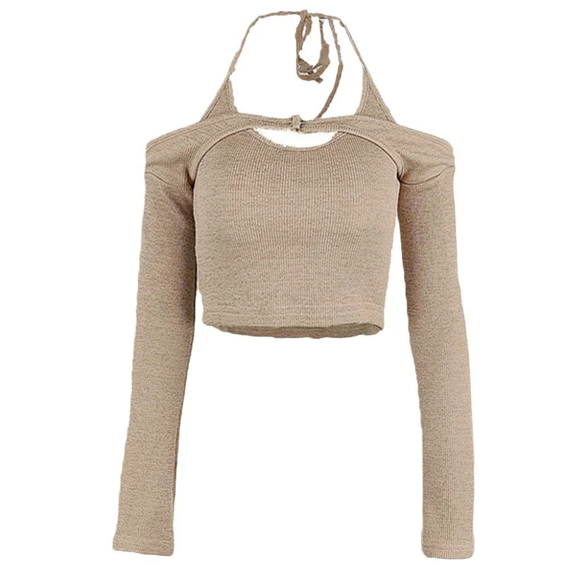 Uveng Uveng Pure Desire Wind Hot Girl Women's Sexy V Neck Hanging Neck Exposed Back Strap Vest One Word Collar Long Sleeve Vest Suit