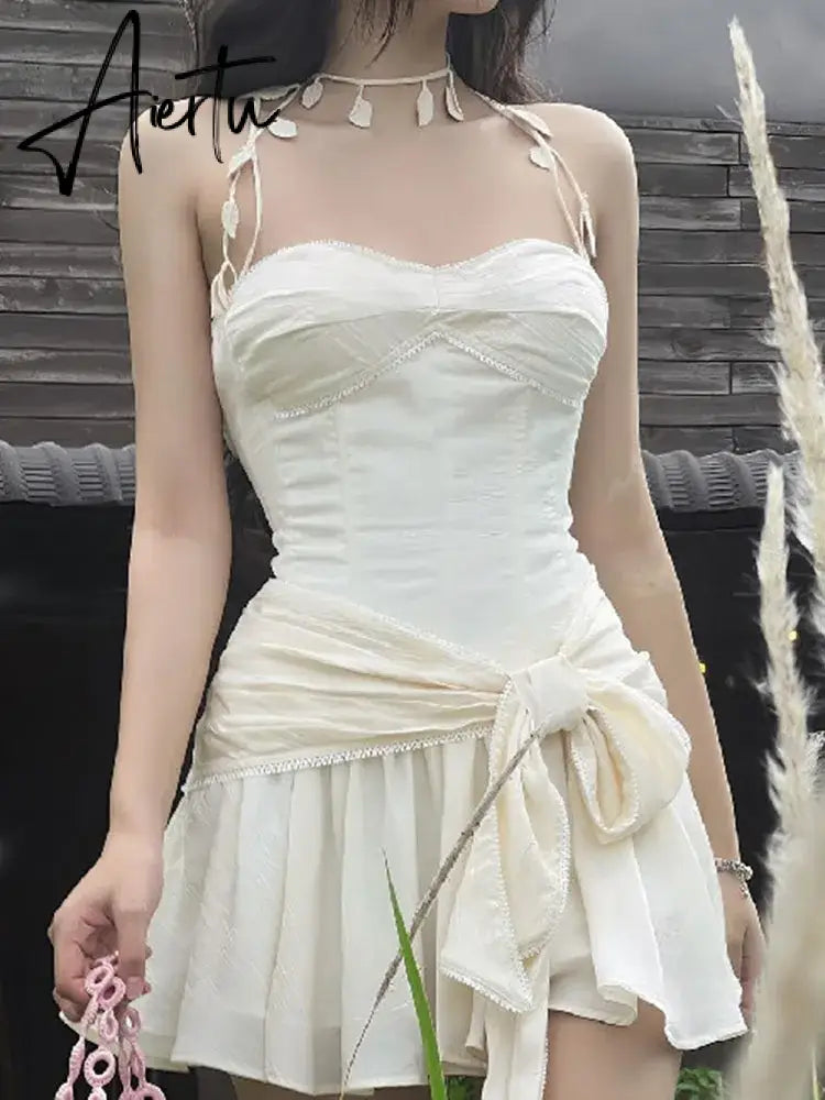 Aiertu  Korean Version Of Sling Lotus Leaf Dress For Women  Backless Slim Ladies Outfits Street Sleeveless Mini Dresses Femme Aiertu