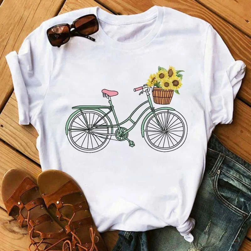 Bicycle with Sunflower Women Tshirt Summer Harajuku Short Sleeve White T Shirts Cartoon Casual Woman Tops Tees