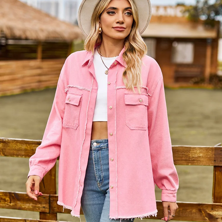 Women's Boyfriend Denim Shacket IN Style Oversized Loose Tassel Hem Denim Jacket