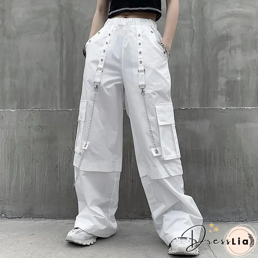 Retro Harajuku Pockets Cargo Pants Women Summer Loose High Waist Straight Trousers Korean Streetwear Women Wide Leg Pants