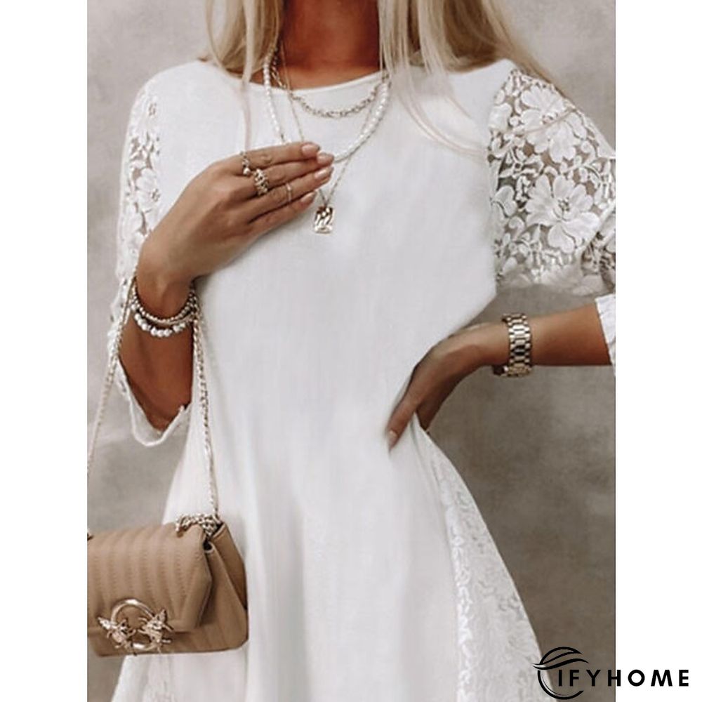 Women's Casual Dress Lace Dress Loose Dress Plain Lace Crew Neck Mini Dress Active Basic Holiday Vacation Long Sleeve Loose Fit White Spring Summer S M L XL XXL | IFYHOME