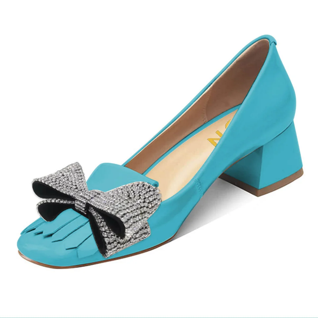 Light Blue Vegan Leather Square Toe Rhinestone Bow Fringe Pumps Heels