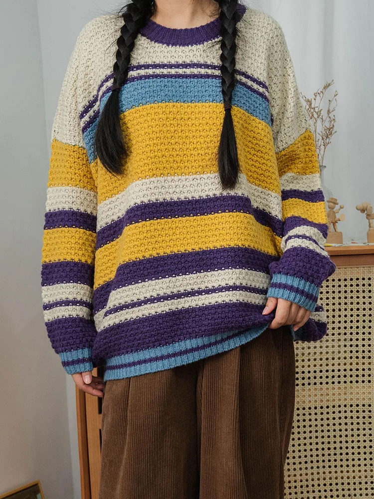 Women Japan Style Stripe Knitted Loose Sweater
