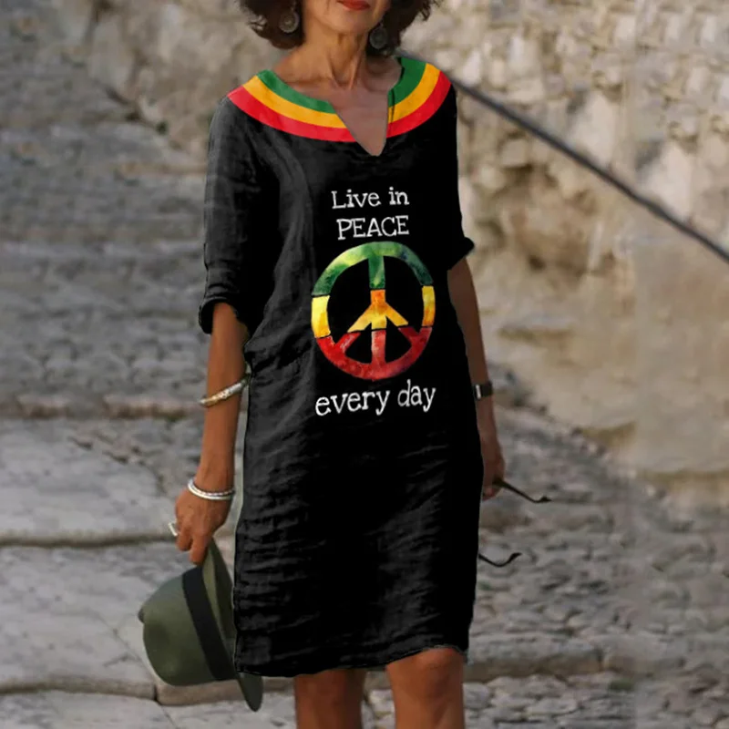 Juneteenth Tricolor Stripe Peace Print Midi Dress