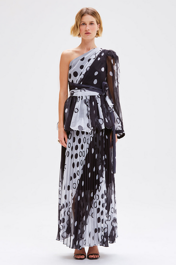 Polka Dot Print One Shoulder Top Colorblock Maxi Skirt Set-Black [Pre Order]