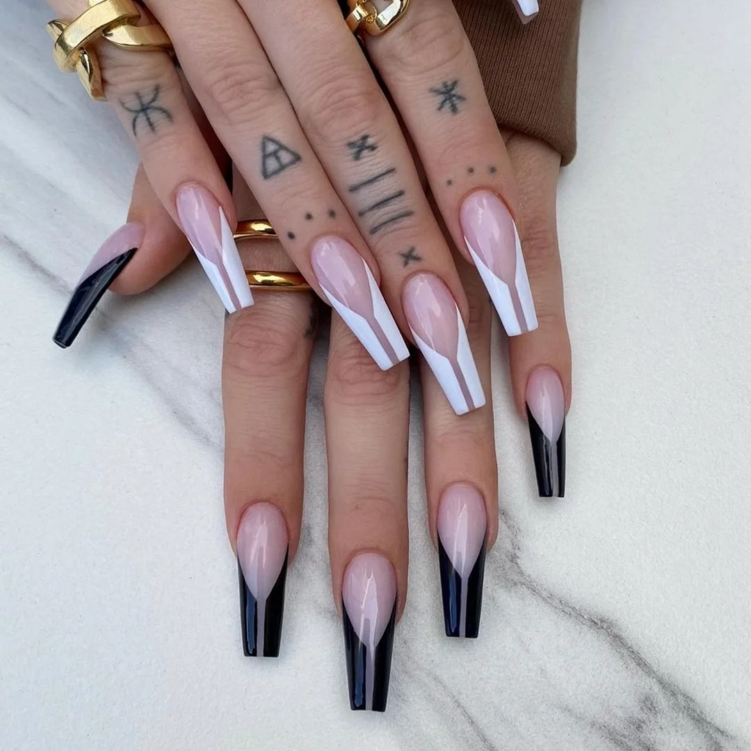 Detachable Fake Nails Long Coffin Black White French False Nails Press On Nails Manicure DIY Nail Decoration Art Ballerina Tips