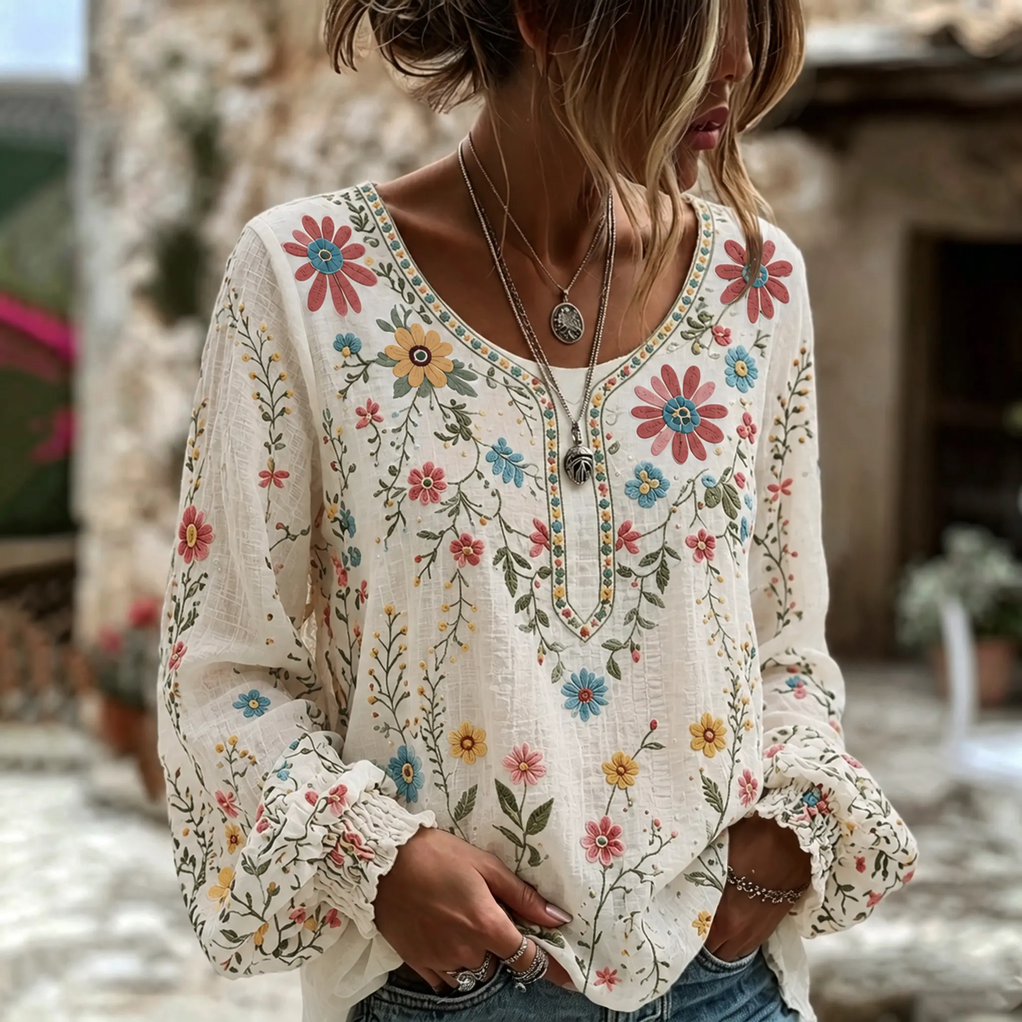 Women's Vintage Floral Art Print Flowy Linen Blend Linen Blend Long Sleeve Casual Tops elevenforest