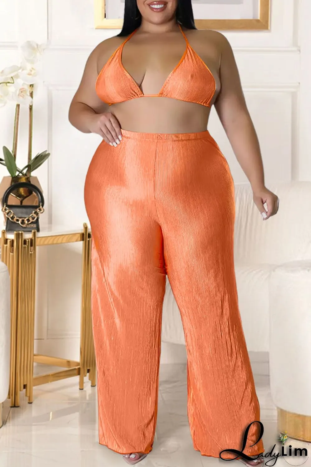 Tangerine Red Sexy Solid Patchwork Turndown Collar Plus Size Three Pieces
