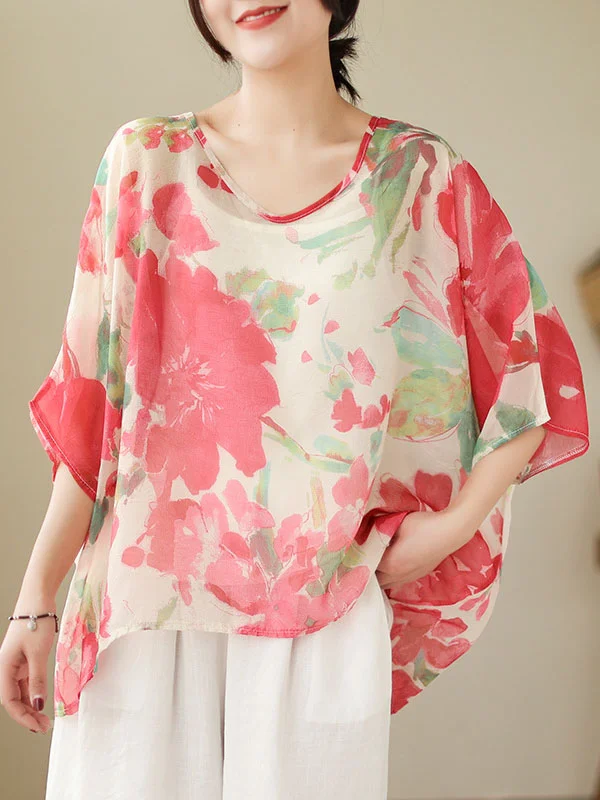 Loose Short Sleeves Floral Printed Round-Neck T-Shirts