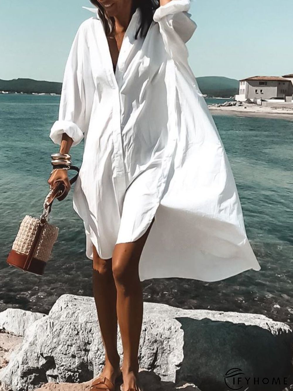 White Casual V Neck Plain Weaving Dress | IFYHOME