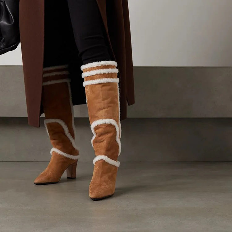 Brown Vegan Suede Pointed Toe Chunky Heel Knee High Winter Boots Women |FSJ Shoes
