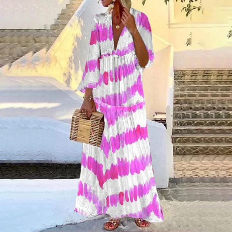 Printed V-Neck Loose Resort Maxi Dress