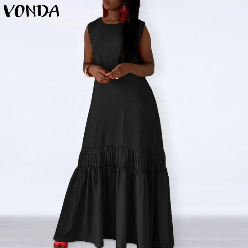 Summer Tank Dress 2022 VONDA Casual Solid Sexy Sleeveless Long Maxi Dresses  Bohemian Vestidos Femme Sundress
