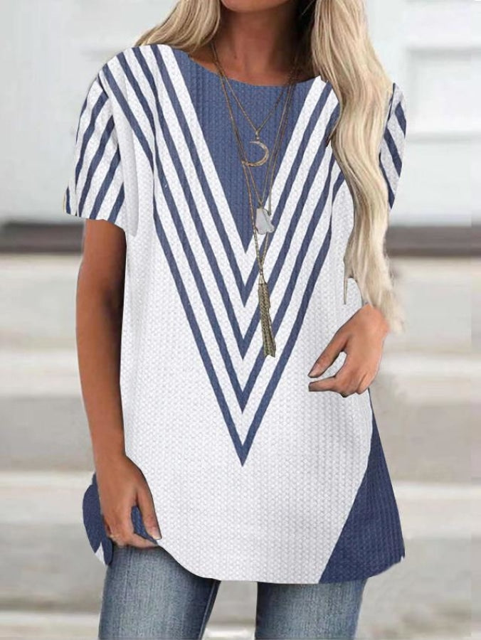 Women Casual Short Sleeve Round Neck Striped Printed Tops