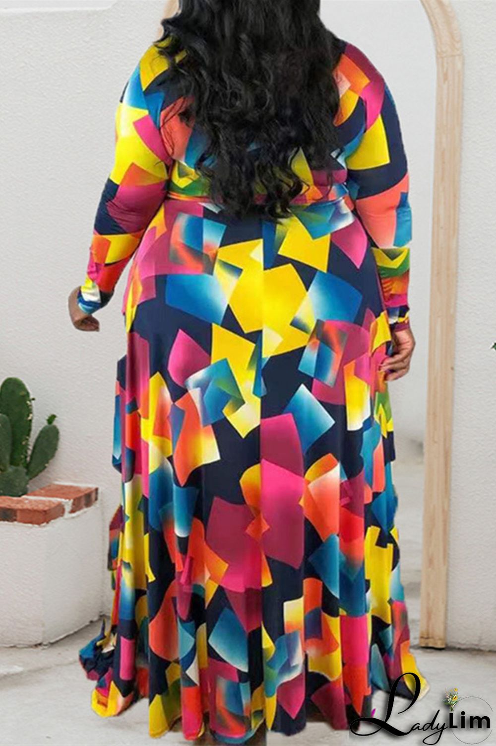 Multicolor Fashion Casual Print Basic V Neck Long Sleeve Plus Size Dresses