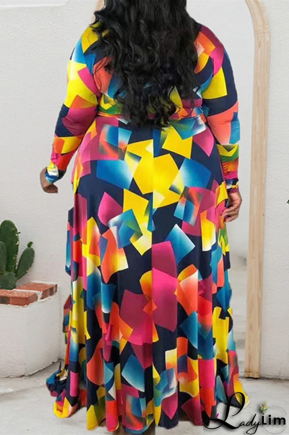 Multicolor Fashion Casual Print Basic V Neck Long Sleeve Plus Size Dresses