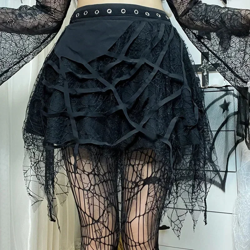 Huiketi Mini Skirts Y2K Harajuku Spider Web Patchwork Lace Tassel Dark Academy Street Woman Skirts With Belt Fairy Grunge