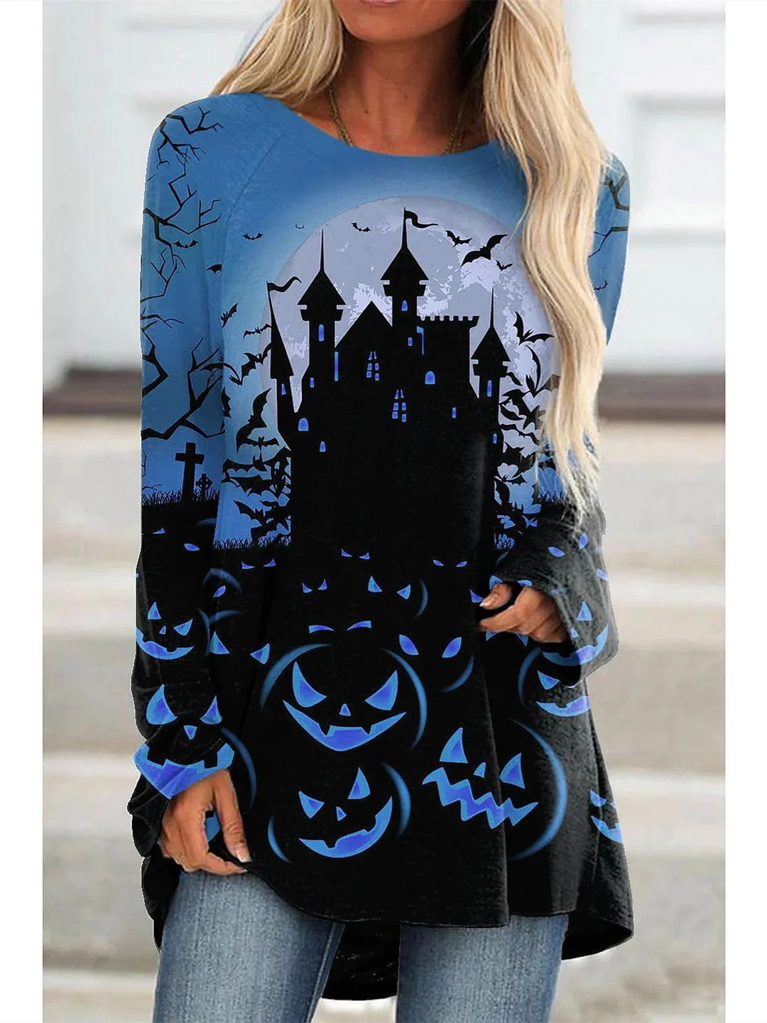 Women's Halloween Gradient Graphic Pattern Solid Color Scoop Neck Long Sleeve Top