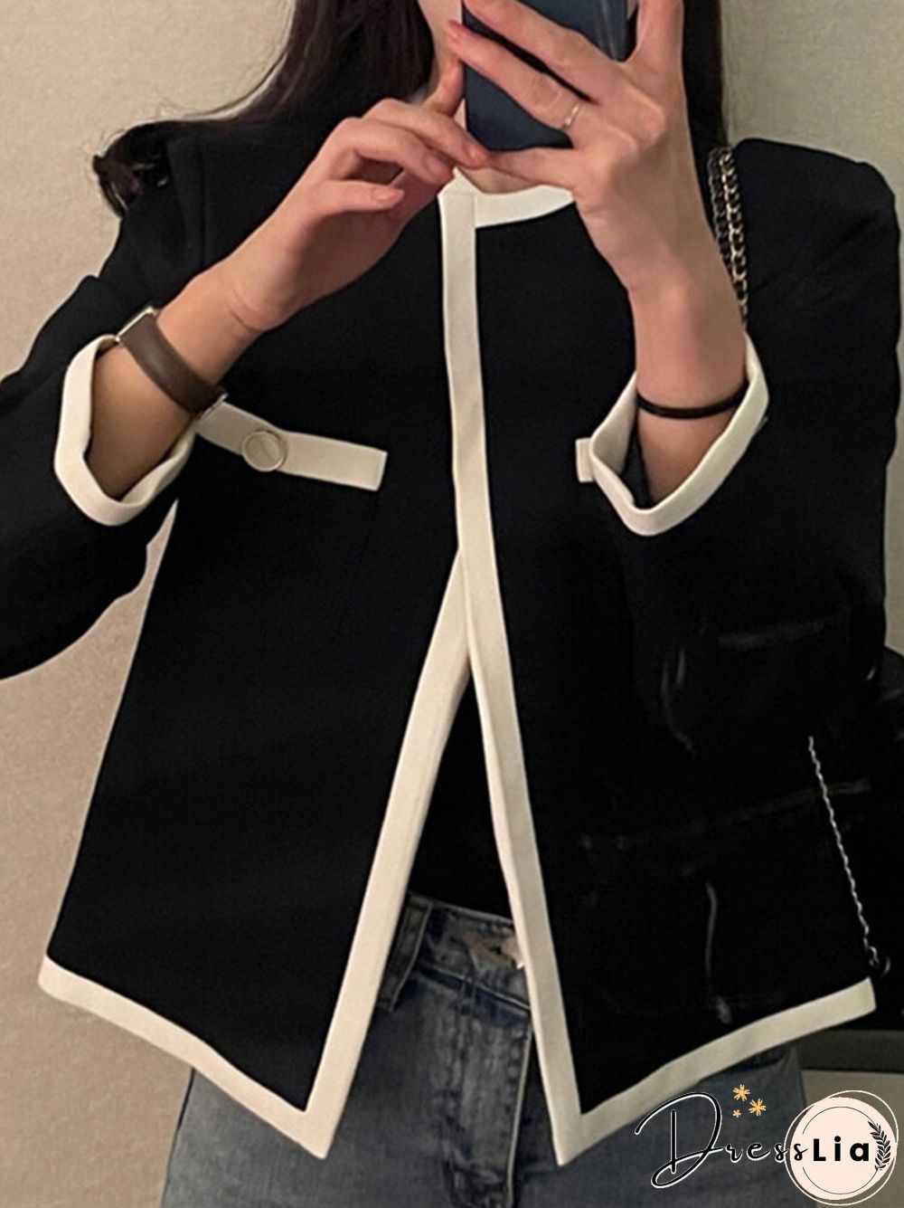 Contrast Color Open Front Long Sleeve Jacket For Women