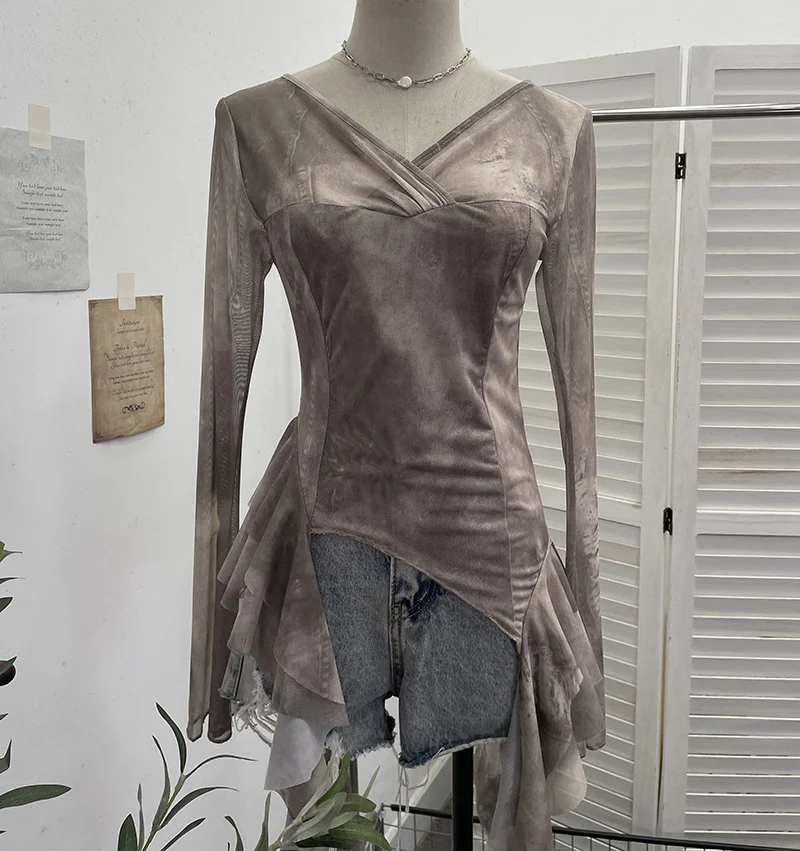 Nigikala Nigikala Shooting Ribbon Mesh Yarn Leaf Side Retro Print V Collar Horn Sleeve Top Spring And Summer Short Repair T-Shirt 8013