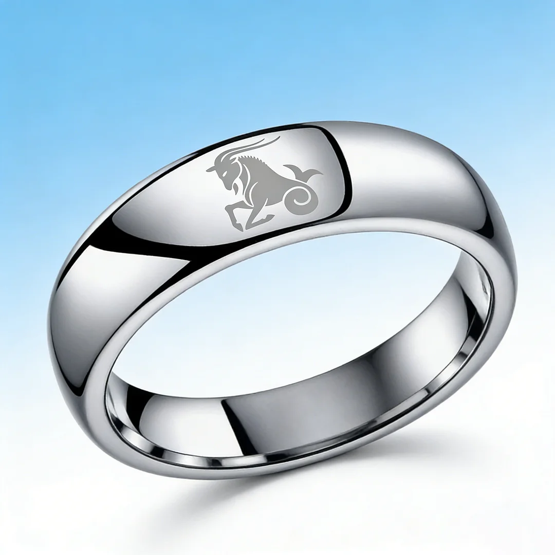 4MM 6MM 8MM Width Sliver Capricorn Tungsten Carbide Rings Prints Laser Design Domed Top Tungsten Wedding Bands