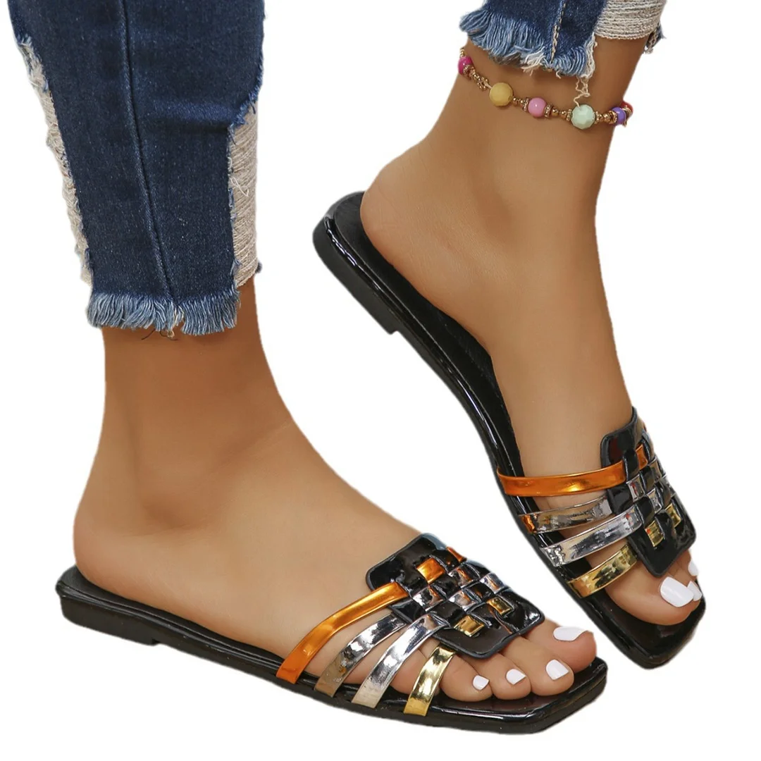 Breakj Breakj New Large-Size Color Weaving Leisure Flat-Bottomed Slippers Toe Fashion Flat-Bottomed Shoes Sandal Drag Woman