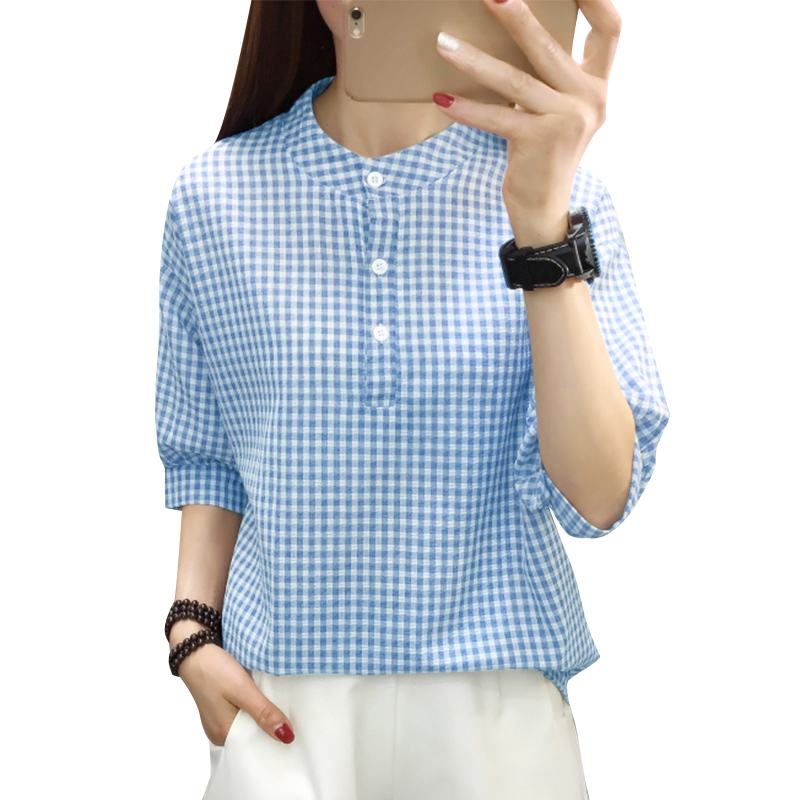 ZANZEA Summer O Neck Half Sleeve Blouse Women Plaid PChecked Shirt Female Elegant Work Blusas Casual Buttons Down Tops