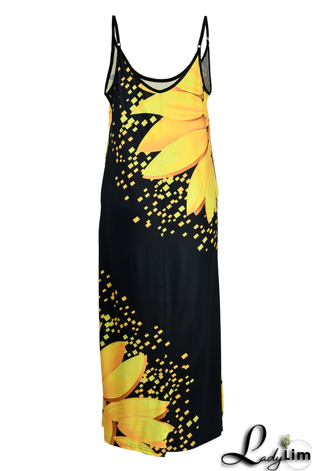 Yellow Fashion Sexy Print Backless Spaghetti Strap Long Dress