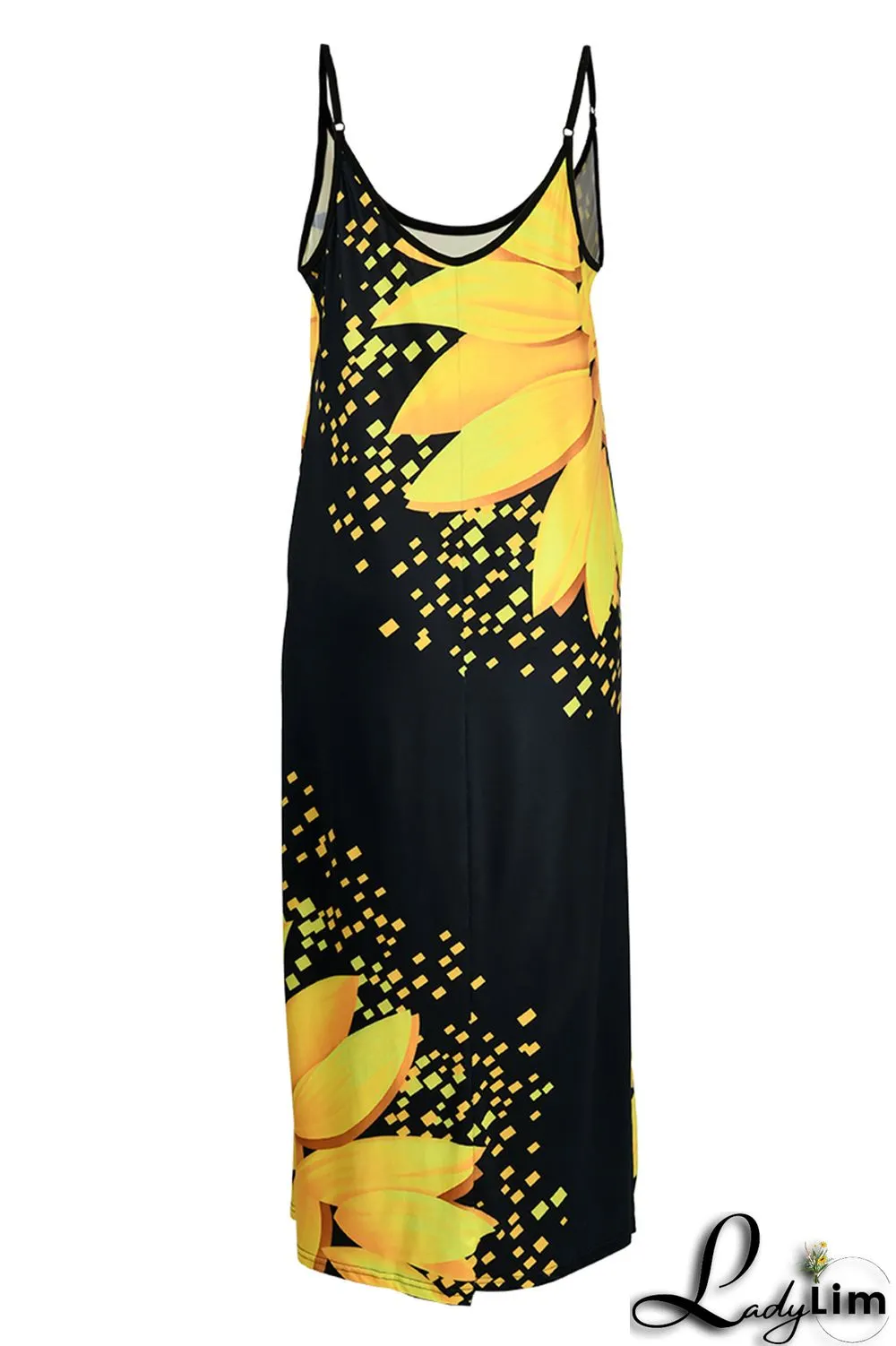 Yellow Fashion Sexy Print Backless Spaghetti Strap Long Dress