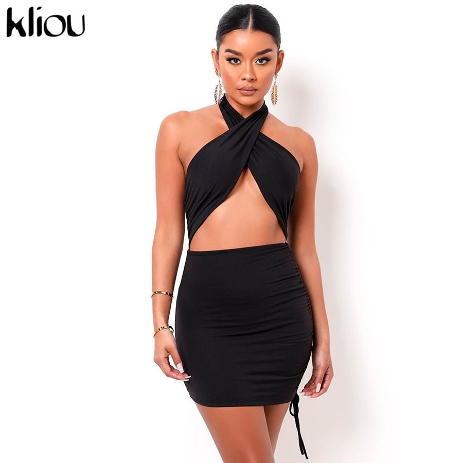 Kliou Drawstring Halter Neck Party Dresses Ruched Backless Hot Sexy Club Night Birthday Outfit Women Skinny Mini Summer Dress